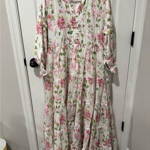 White Floral Maxi Dress with Pink & Green Print